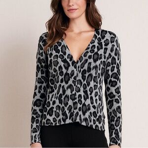Charter Club animal print gray & black cardigan sweater classic office teacher